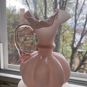 SOLD Vtg Fenton Ruffled Top Dusty Rose Pale Pink Melon Glass Pitcher Vase 5.75"